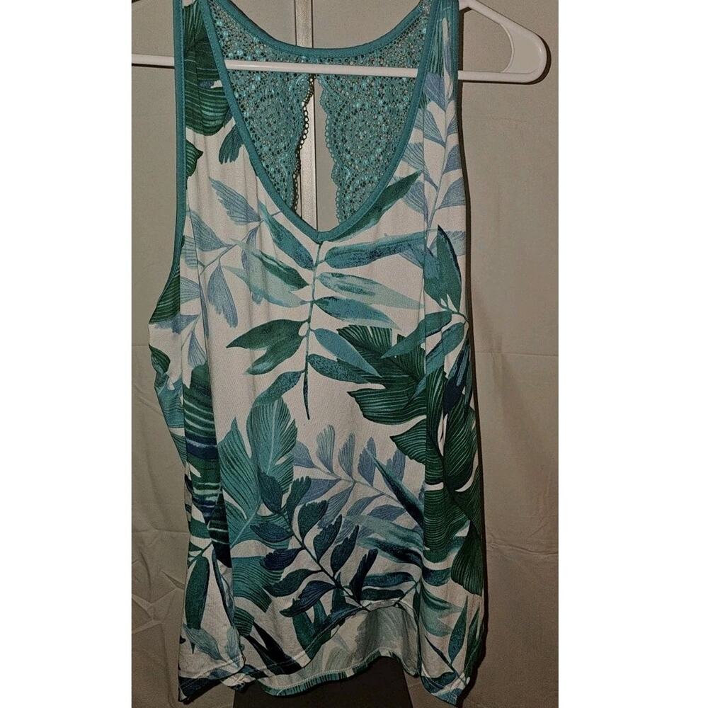 Linea Donatella Tropical Leaf Tank Top M – Lace Racerback Summer Boho Vacation